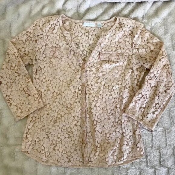 New York & Company Womens Blush Pink Floral Lace Button-Up Blouse Size XS Sp - Picture 4 of 8